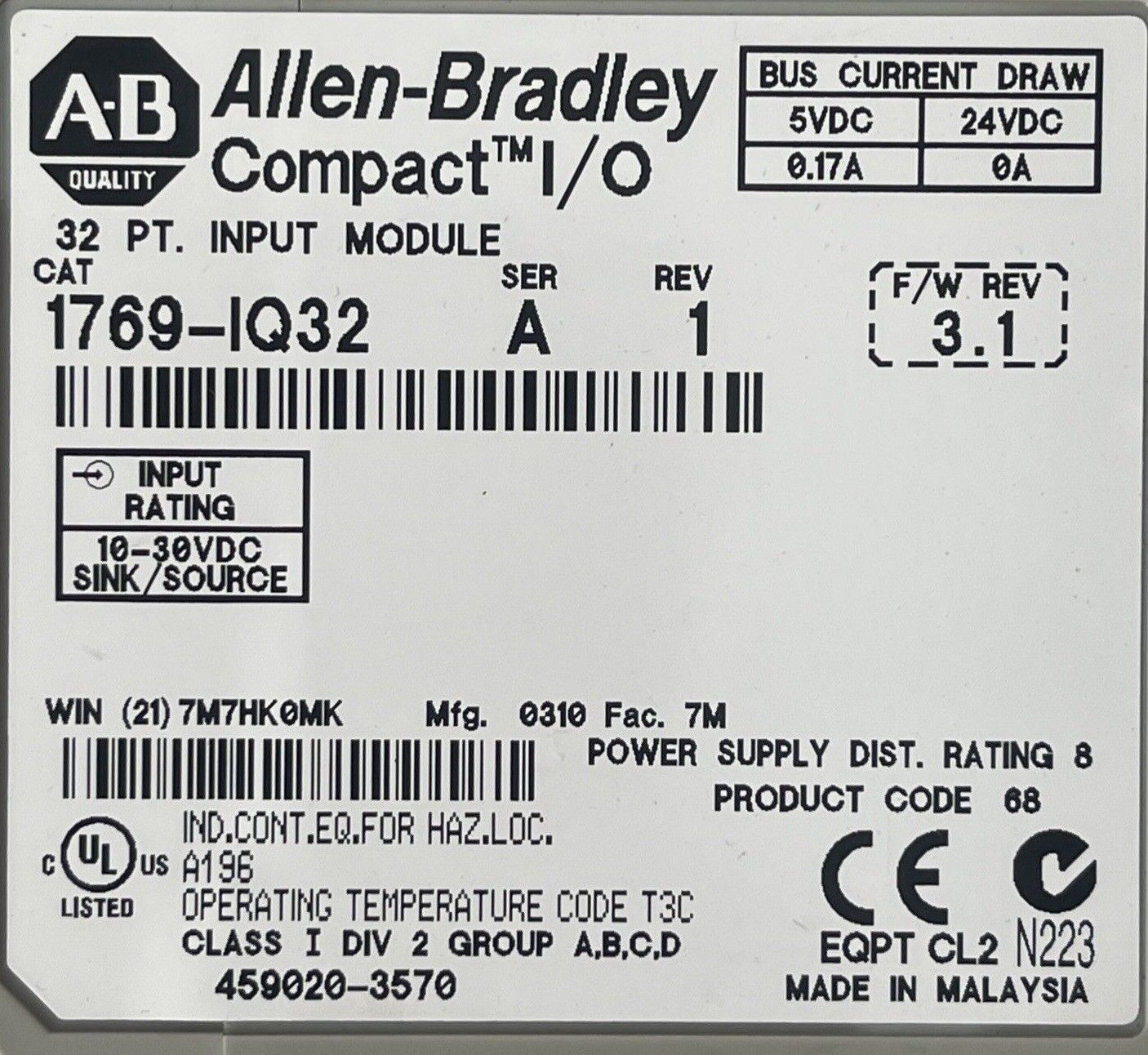ALLEN BRADLEY 1769-IQ32 COMPACT I/O 32PT INPUT MODULE SER A REV 1 F/W REV 3.1