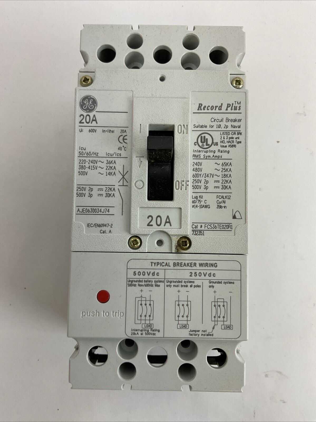 GE FCS36TE020R1 RECORD PLUS CIRCUIT BREAKER - 20A, 600Y/347VAC/500VDC, 3-POLE
