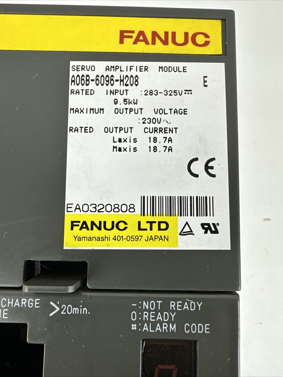 FANUC A06B-6096-H208 E SERVO AMPLIFIER OUTPUT 230VAC INPUT 283-325VDC