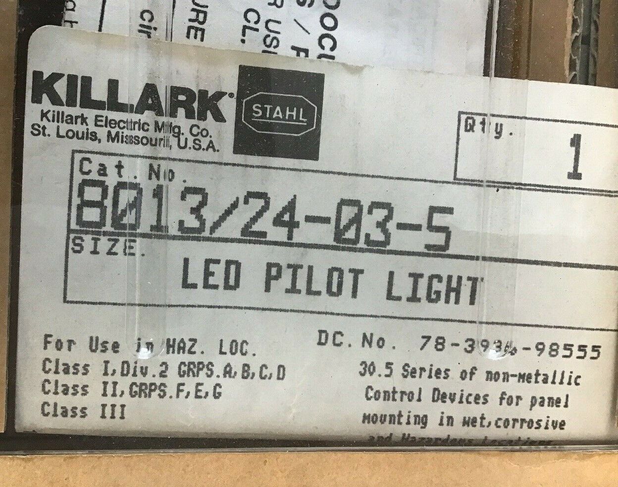 KILLARK 8013/24035 LED PILOT LIGHT GREEN 110/127VAC 30.5 SERIES