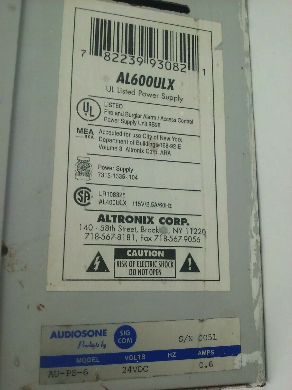 AUDIOSONE ALTRONIX AL600ULX POWER SUPPLY/CHARGER SMP7PM BOARD PS-1270 F1 BATTERY