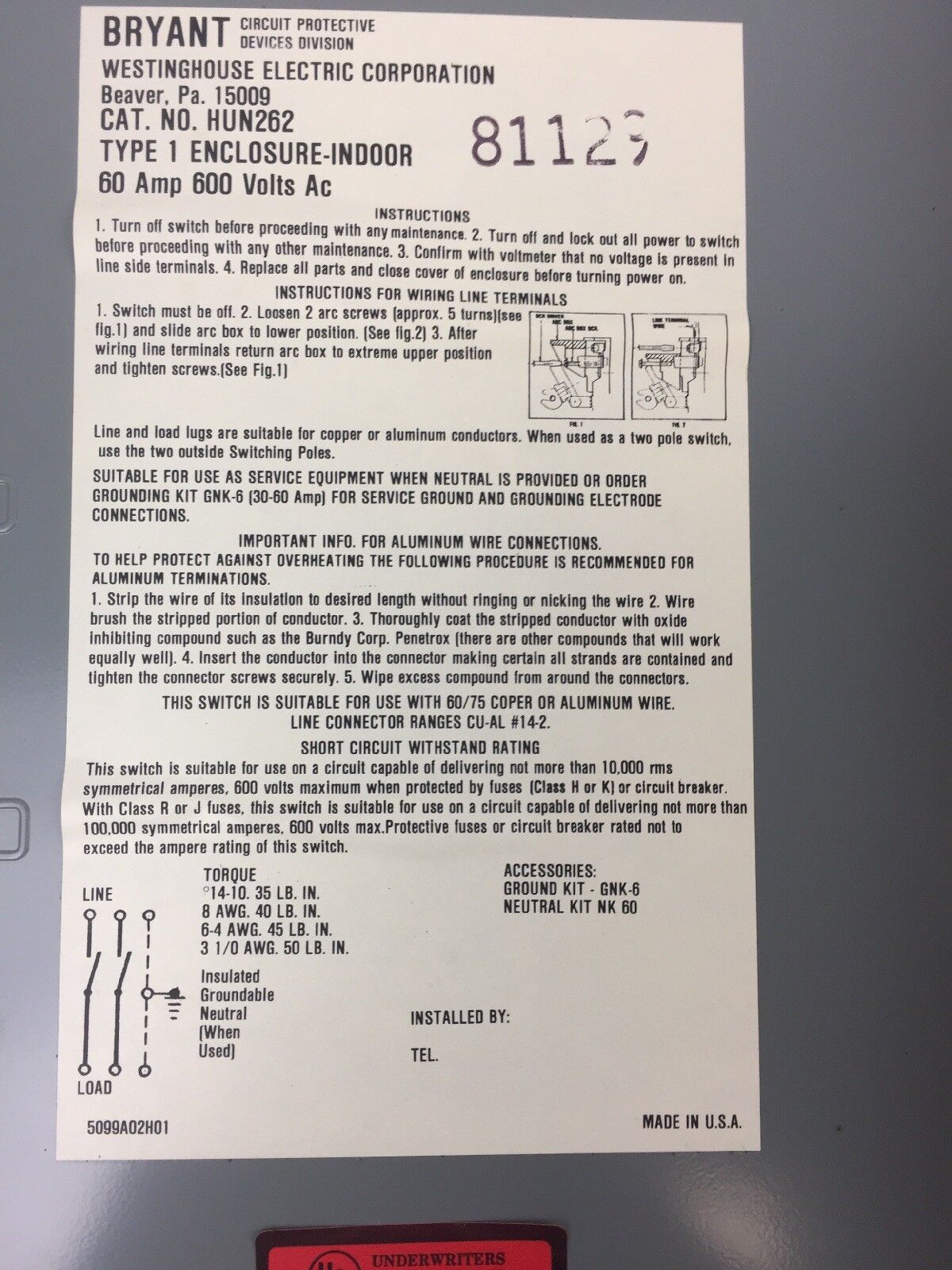 WESTINGHOUSE HUN262 HEAVY DUTY SAFETY SWITCH 600 VAC 60 AMP