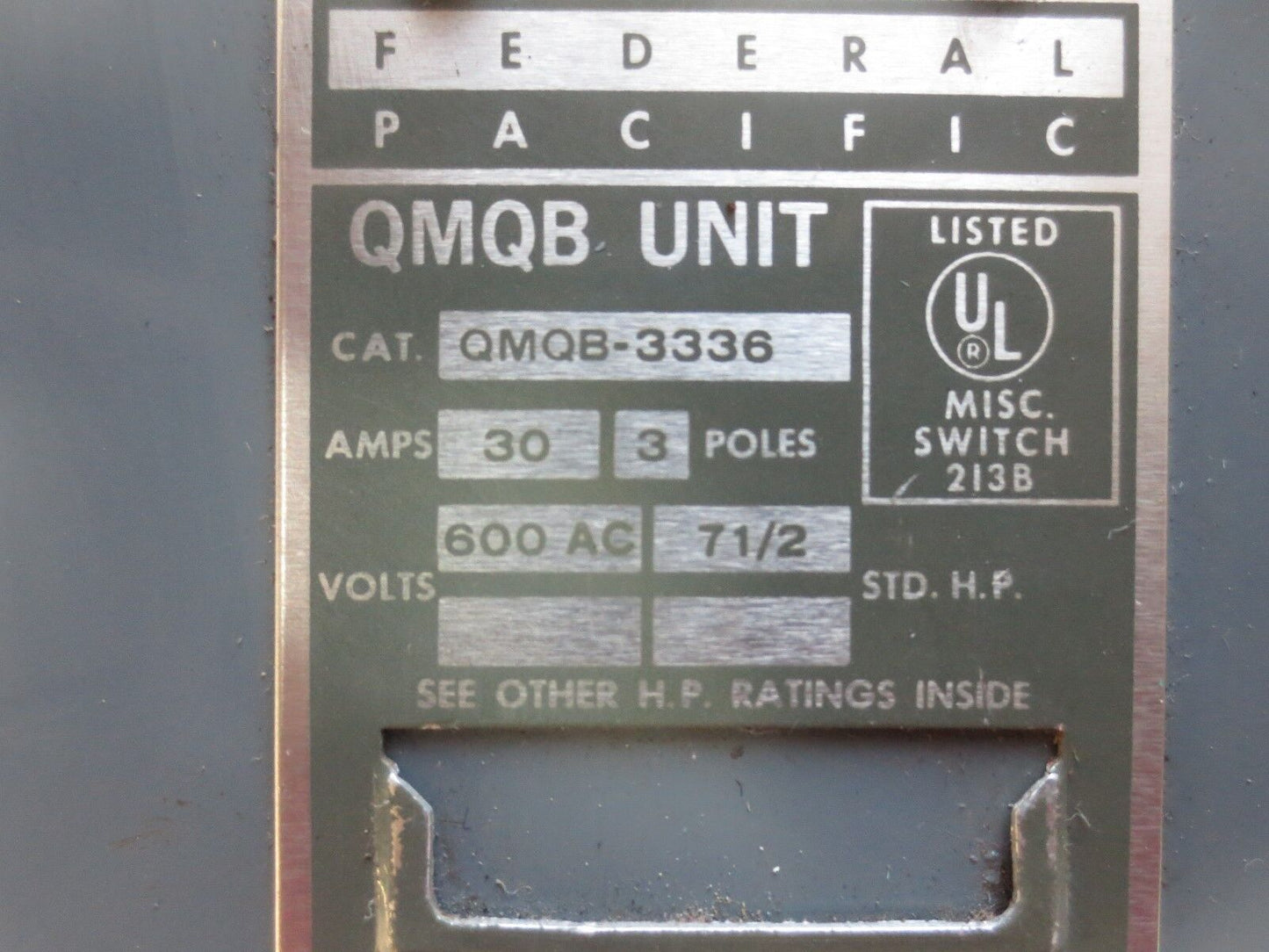 FEDERAL PACIFIC QMQB-3336 TWIN PANELBOARD SWITCH - 30A, 600VAC, 3POLE