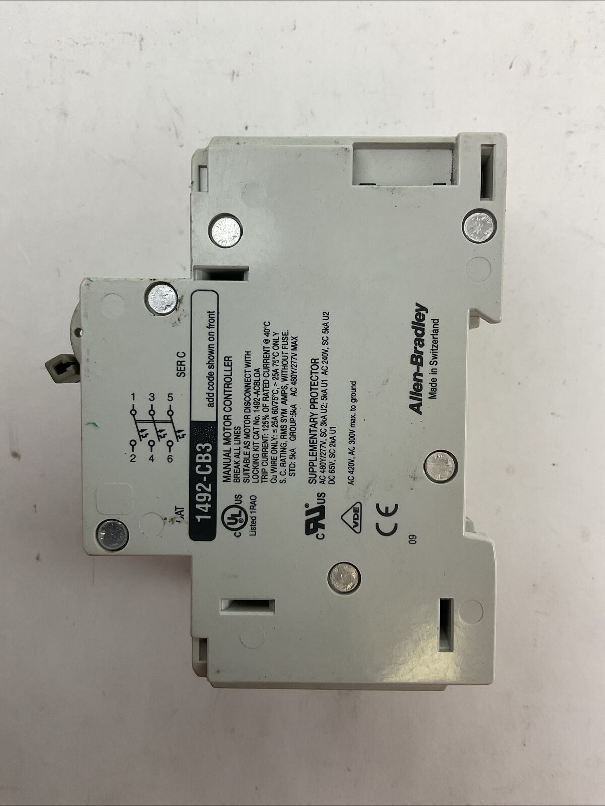 ALLEN BRADLEY 1492-CB3G050 MANUAL MOTOR CONTROLLER 5A 3HP 3P 480Y/277VAC SER C