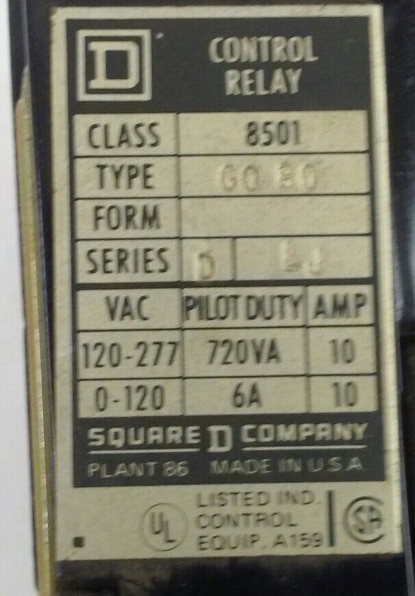 Square D 8501 G0-80 Series D A/C Control Relay Open Type 8 N.O. Contacts
