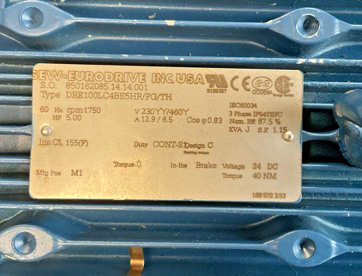 SEW-EURODRIVE DRE100LC4BE5HR/FG/TH MOTOR 1750RPM 60HZ HP5 3PH CONT-S KVA J 40MN