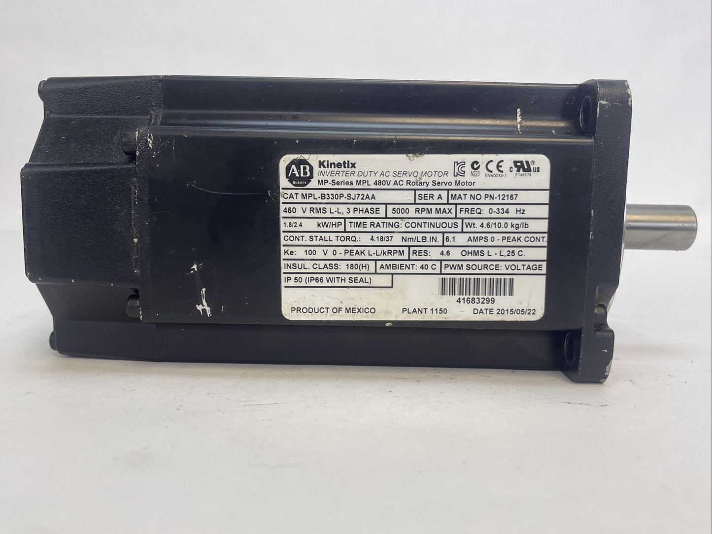 ALLEN BRADLEY MPL-B330P-SJ72AA SERVO MOTOR SER A 5000RPM 1.8/2.4 kW/HP 6.1AMP