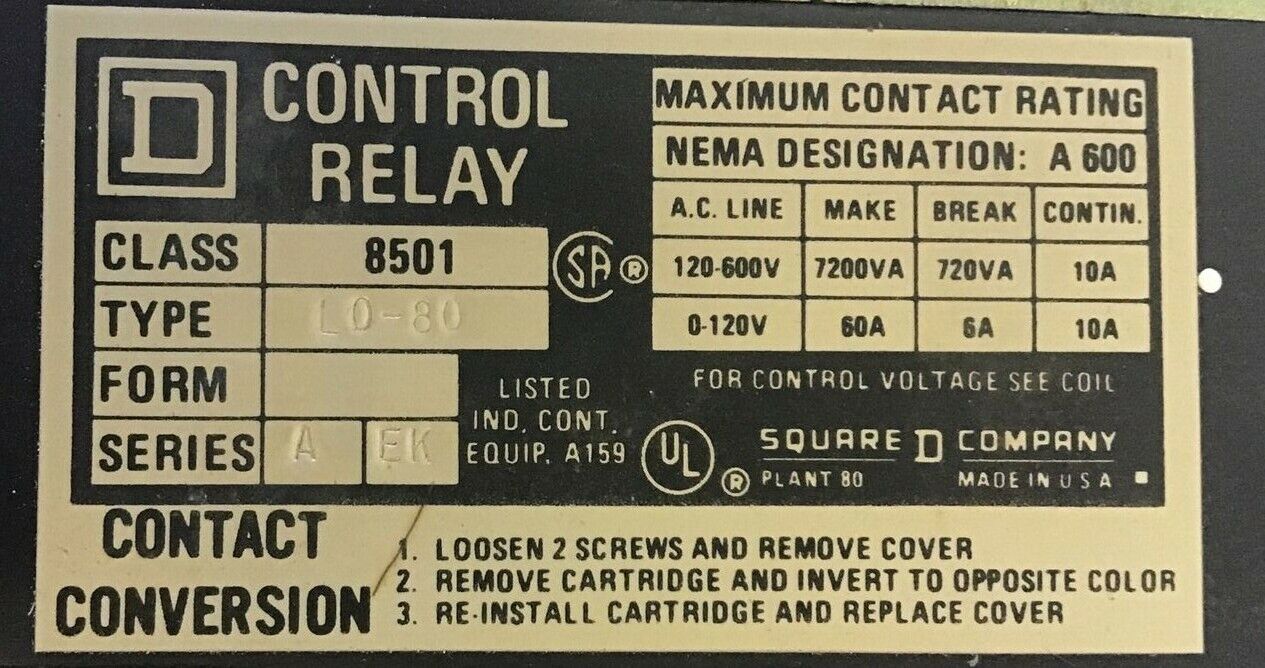 SQUARE D 8501 LO-80 AC MAGNETIC RELAY SER.A 120-60/110-50