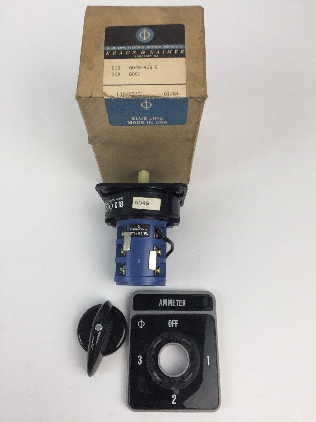 KRAUS & NAIMER C18-A048-423 ROTARY SWITCH 600VAC 20AMP 10HP 3 PHASE 4 POSITION