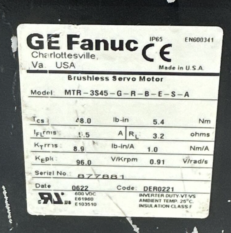 GE FANUC MTR-3S45-G-R-B-E-S-A BRUSHLESS SERVO MOTOR 600VDC