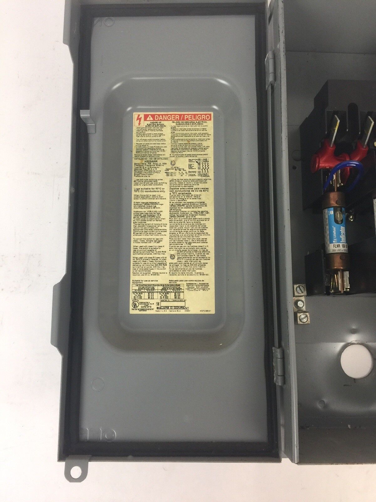 SQUARE D H323AWK HEAVY DUTY SAFETY SWITCH 100A 240VAC 250VDC FLNR100ID FUSES