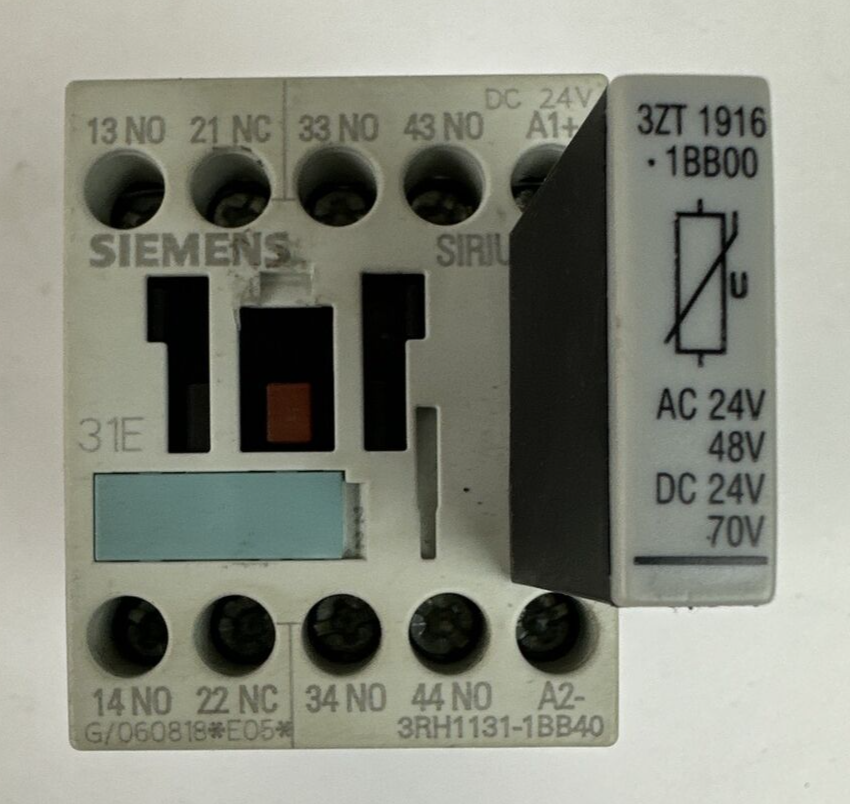 SIEMENS 3RH1131-1BB40 CONTACTOR 10A 600VAC COIL 24VDC 3ZT 1919-1BB00 SURGE SUPPR