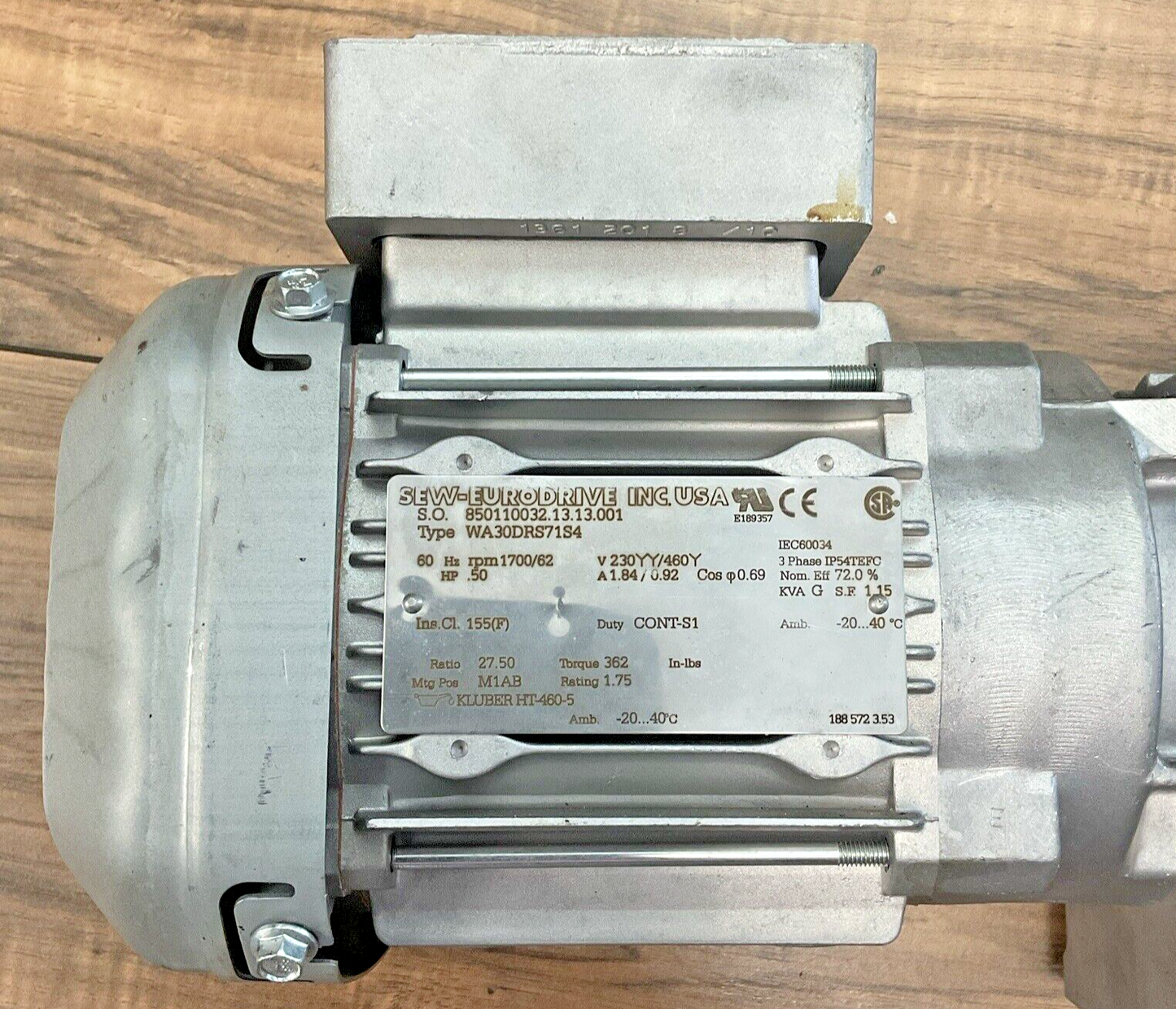 SEW-EURODRIVE WA30DRS71S4 GEAR MOTOR 1700/62RPM DUTY:CONT-S1 HP .50 RATIO 27.50