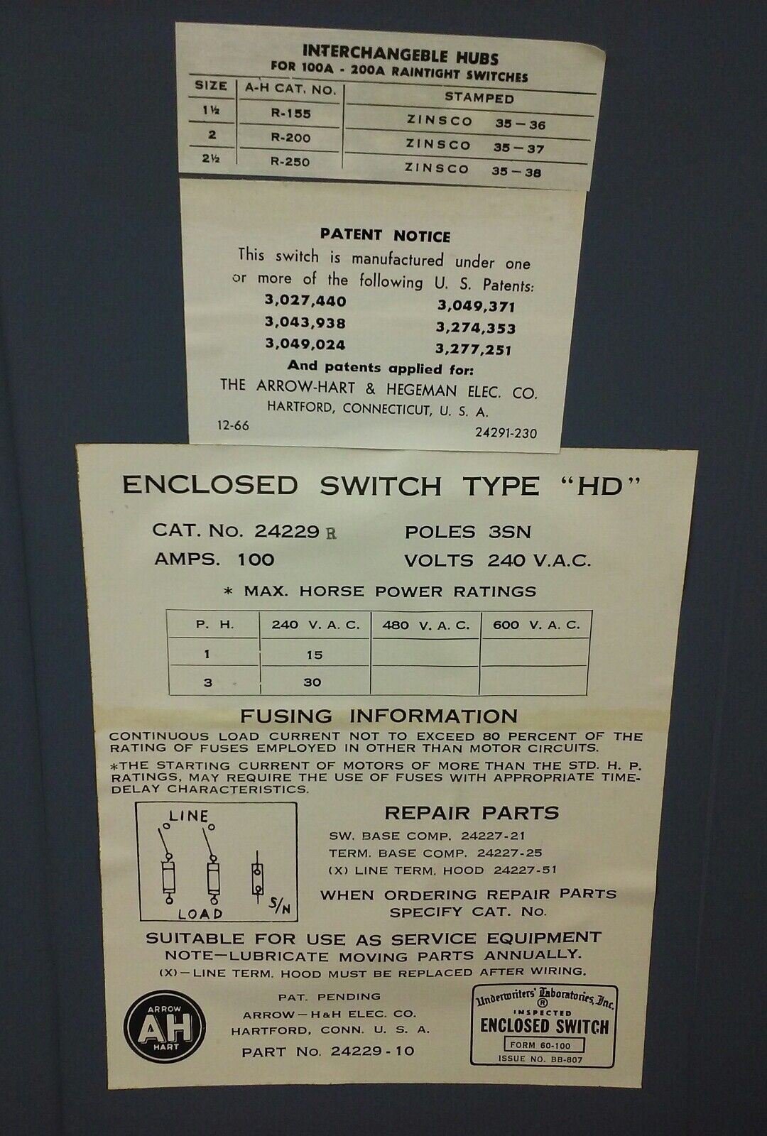 ARROW HART 24299R ENCLOSED SWITCH TYPE HD, 2P, POLES 3SN, 100A, 240V,FUSIBLE,NEW