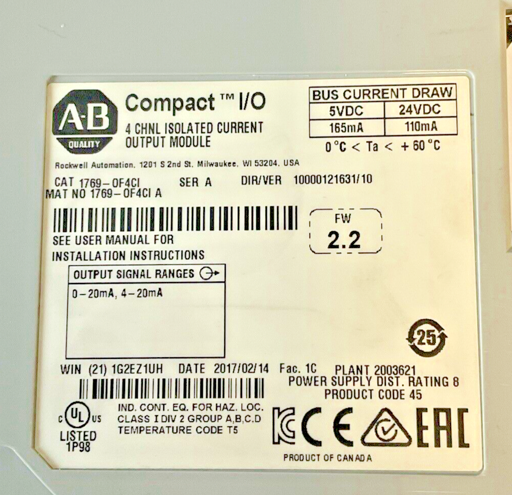 ALLEN BRADLEY 1769-OF4CI 4CHN ISO. CURR. OUTPUT MODULE FW2.2 SER.A