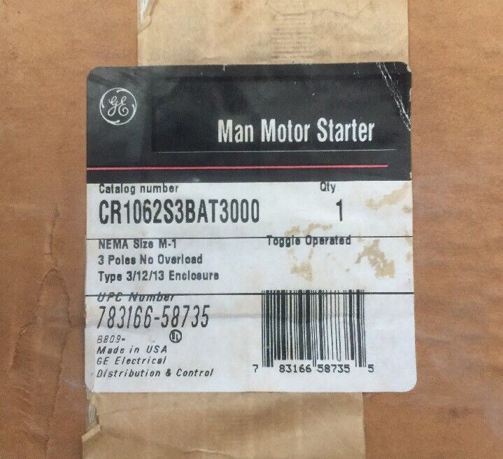 GE CR1062S3BAT3000 MAN MOTOT STARTER TYPE 3/12/13 ENCLOSER 3 POLES NO OVERLOAD