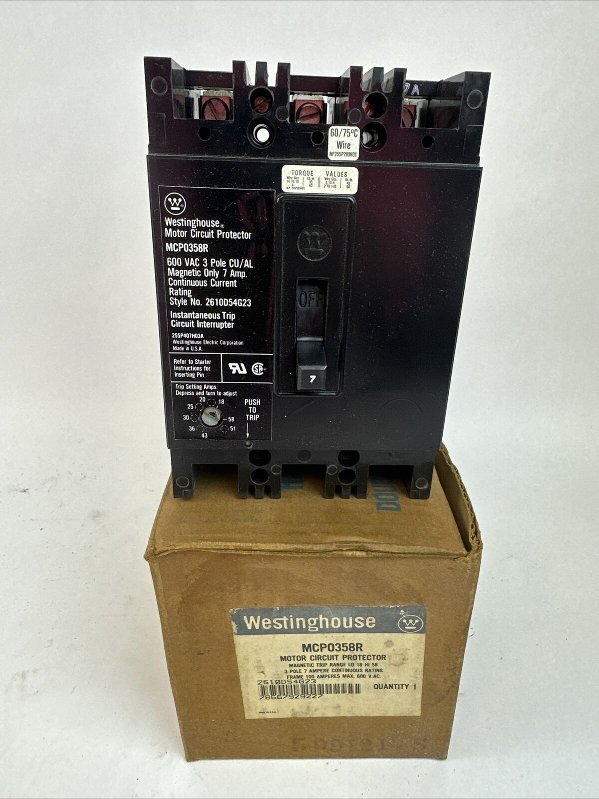 WESTINGHOUSE MCP0358R MOTOR CIRCUIT PROTECTOR 3P 7A 600VAC TRIP RANGE 18-58