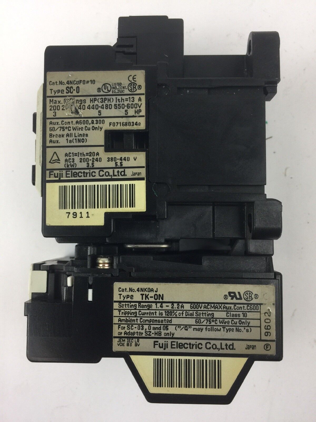 FUJI ELECTRIC 4NC0F0#10 TYPE SC-0 CONTACTOR 4NK0AJ TYPE TK-0N OVERLOAD RELAY