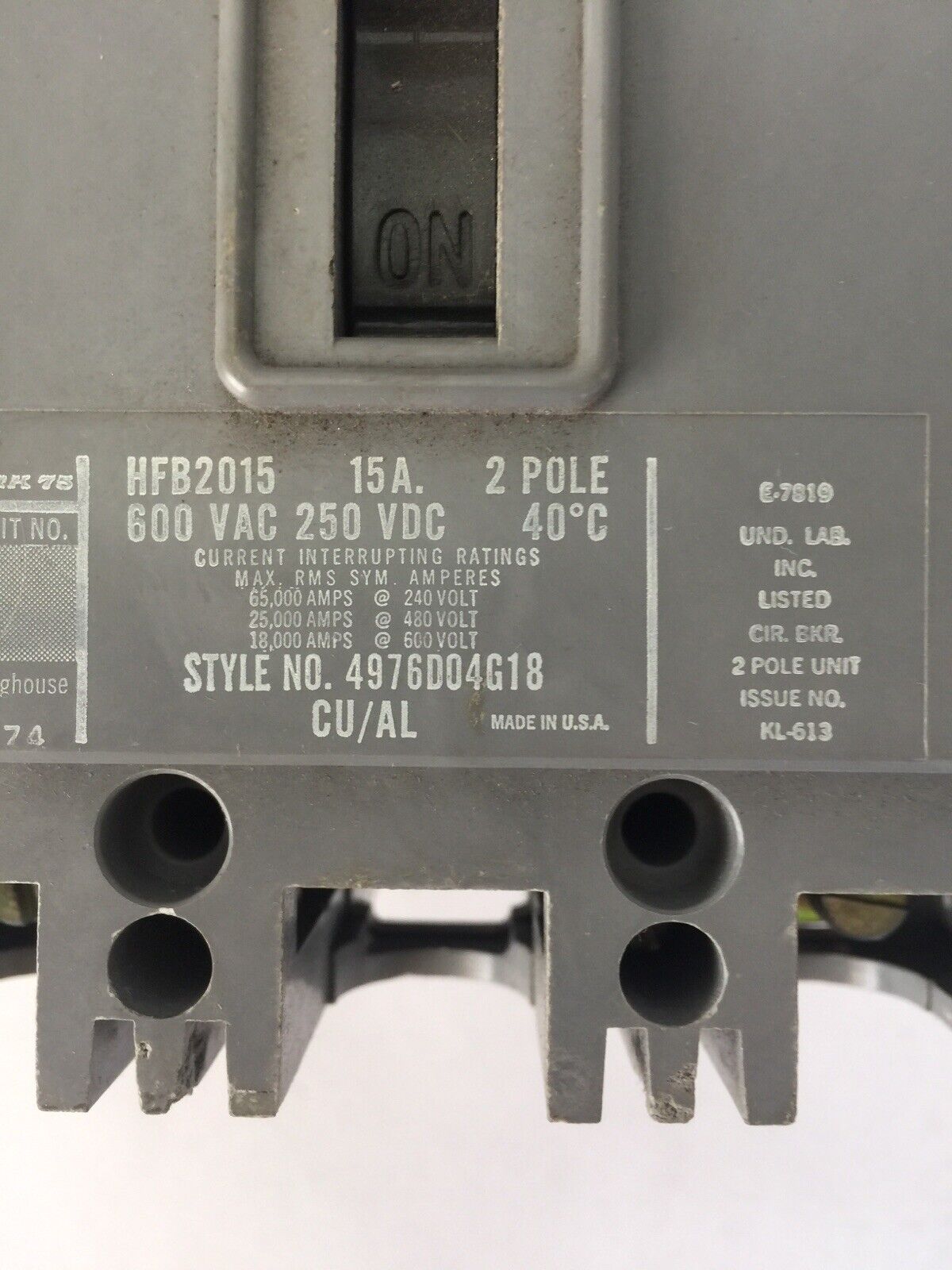 WESTINGHOUSE HFB2015 AB DE-ION CIRCUIT BREAKER 15AMP 600VAC 250VDC 2P 4976D04G18