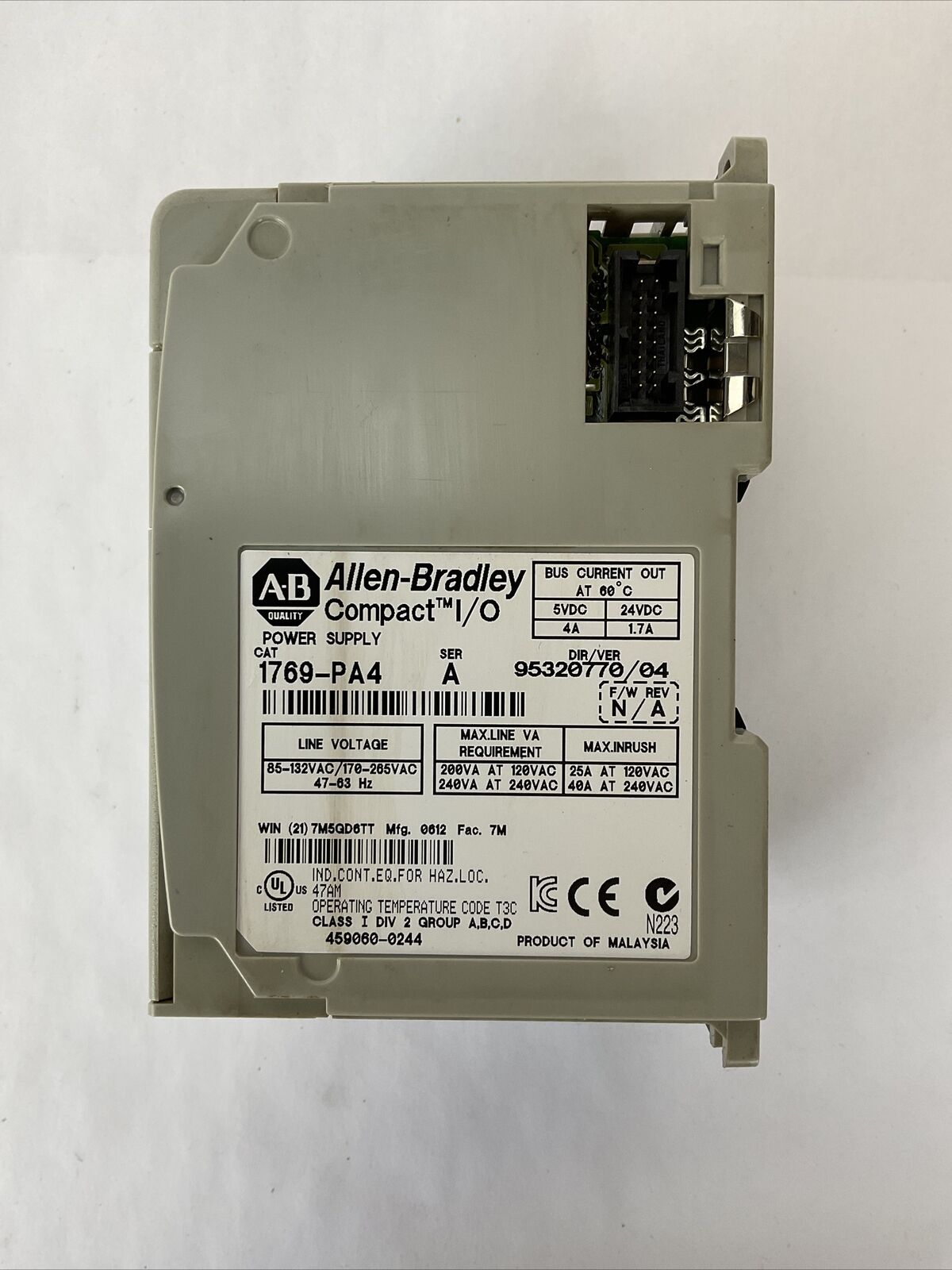 ALLEN BRADLEY 1769-PA4 COMPACT I/O POWER SUPPLY F/W REV N/A DIR/VER 95320770/04