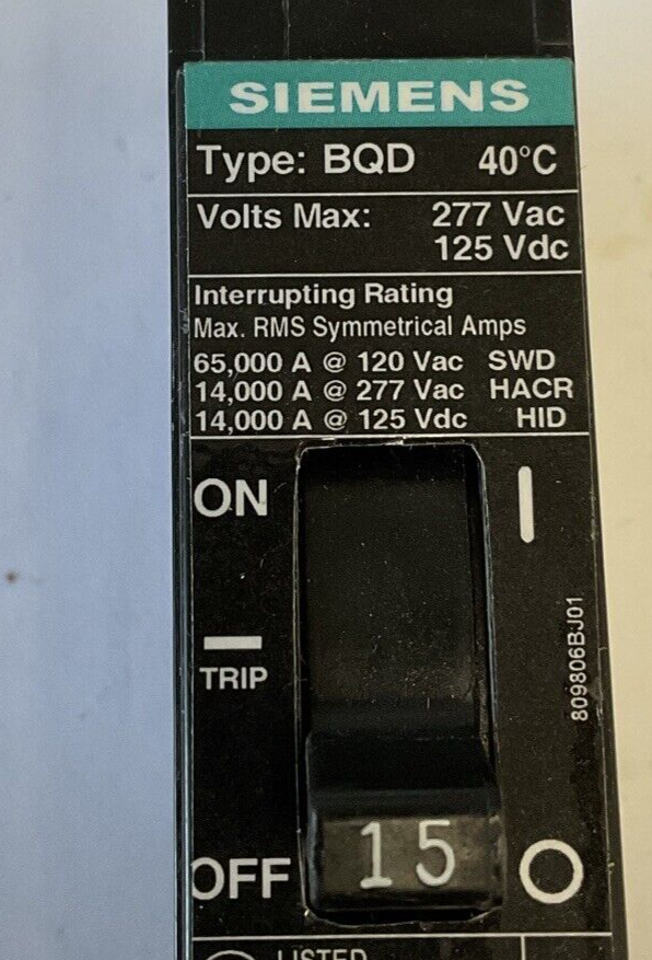 SIEMENS BQD115 CIRCUIT BREAKER 15AMP 1POLE 277VAC/125VDC TYPE BQD ***LOTOF3***