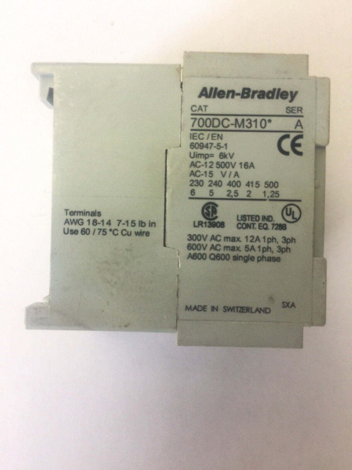 ALLEN BRADLEY 700DC-M310* CONTROL RELAY SER A 600VAC 5A 300VAC 12A COIL 24VDC