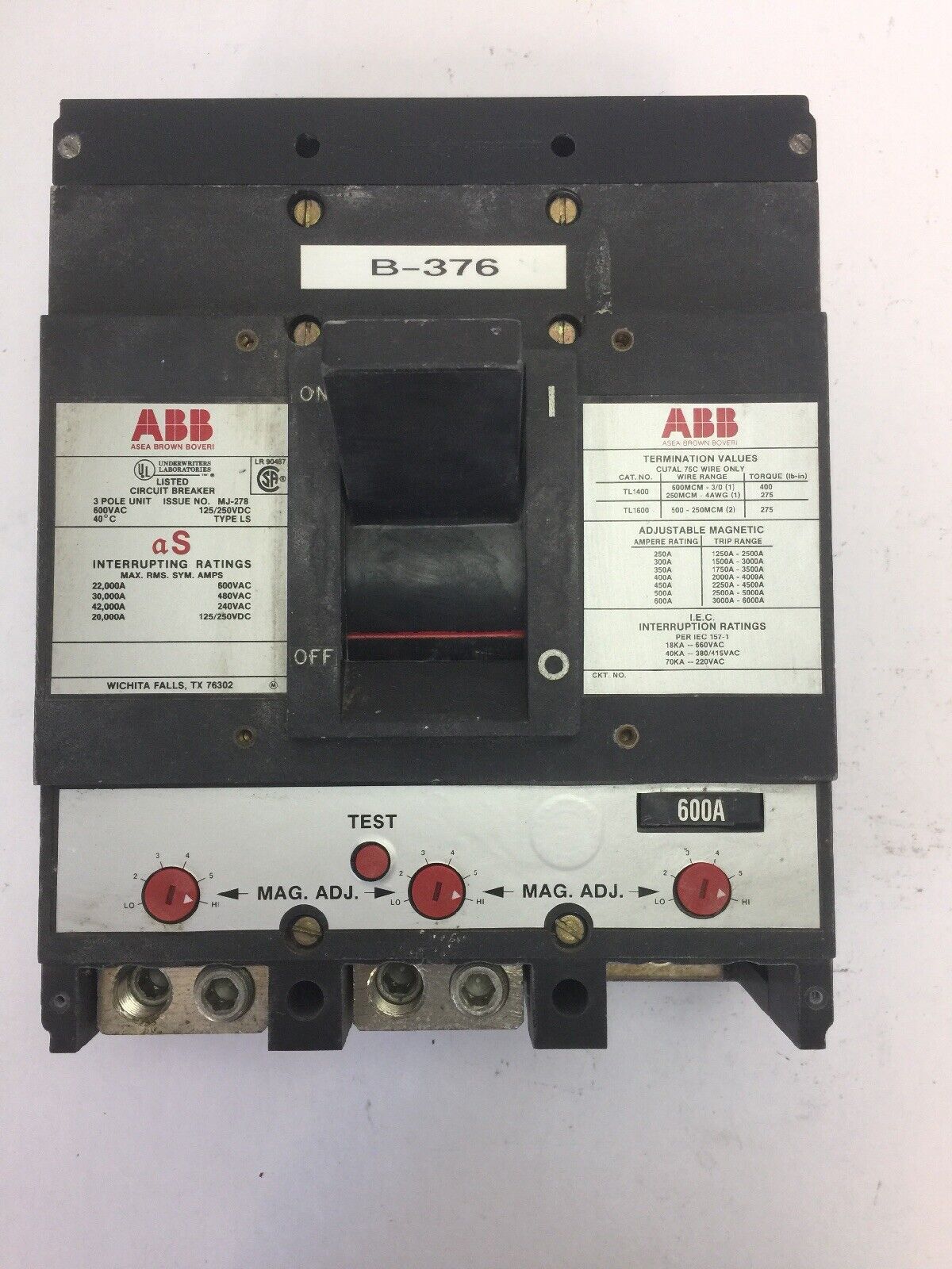 ABB MJ-278 CIRCUIT BREAKER 600VAC 125/250VDC TYPE LS MISSING A LUG