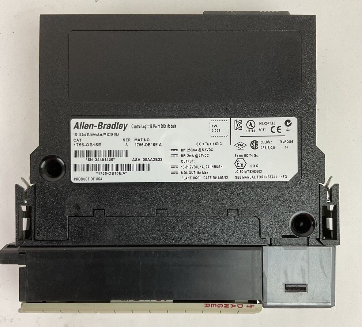 ALLEN BRADLEY 1756-OB16E SER A FW 3.003 CONTROL LOGIX 16PT D/O MODULE