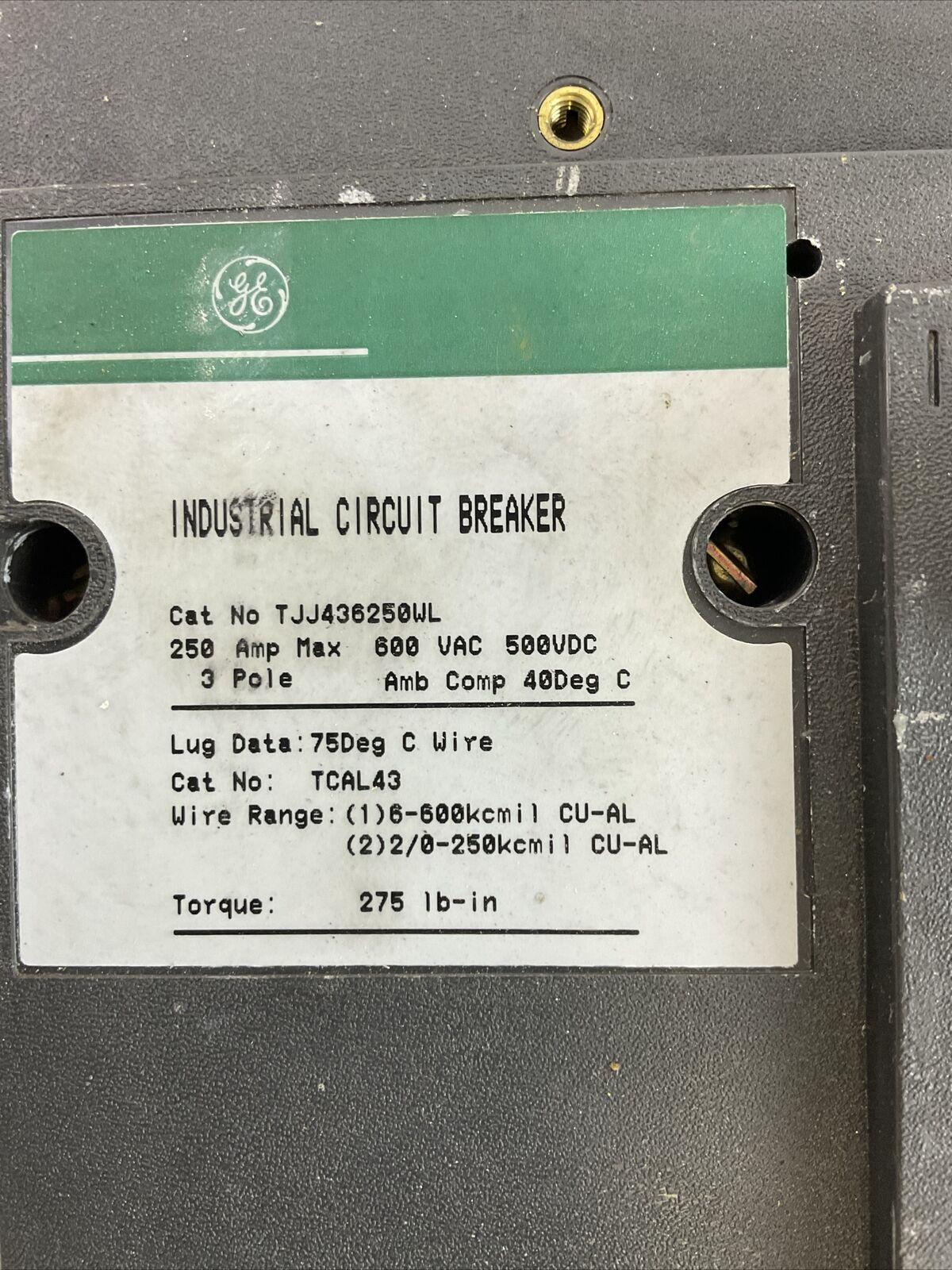 GE TJJ436250WL INDUSTRIAL CIRCUIT BREAKER 250AMP 600VAC 500VDC 3POLE