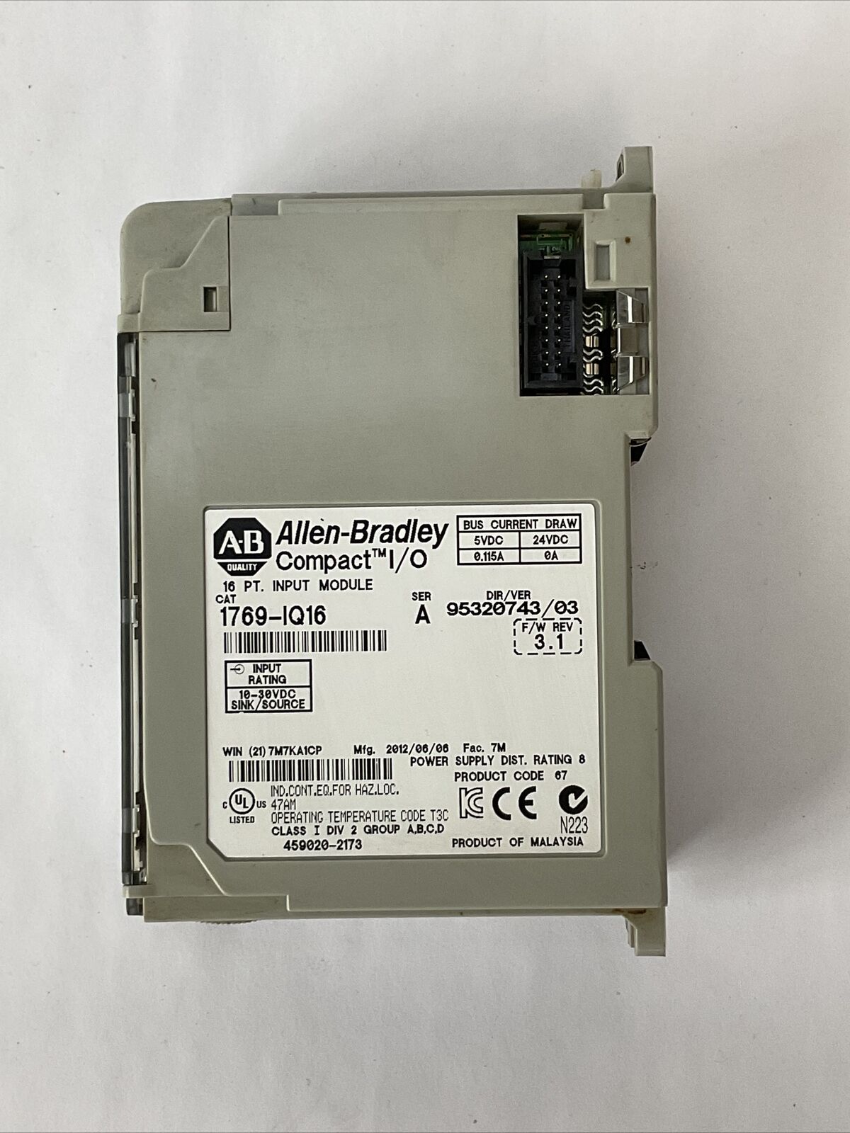 ALLEN BRADLEY 1769-IQ16 16PT INPUT MODULE SER A F/W REV 3.1 DIR/VER 95320743/03