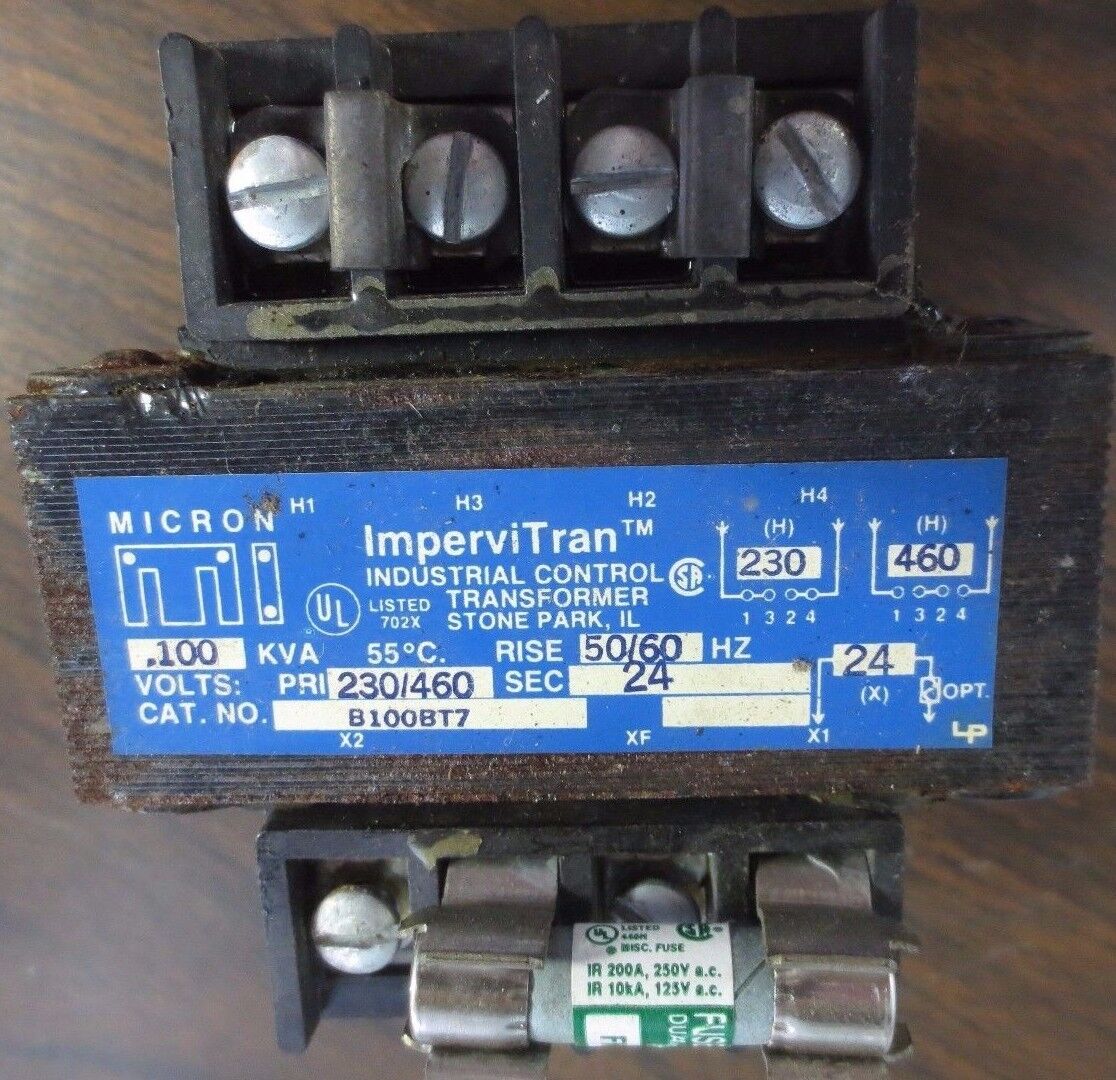 MICRON / IMPERVITRAN B100BT7 CONTROL TRANSFORMER 230/460V-- 24V, .100KVA