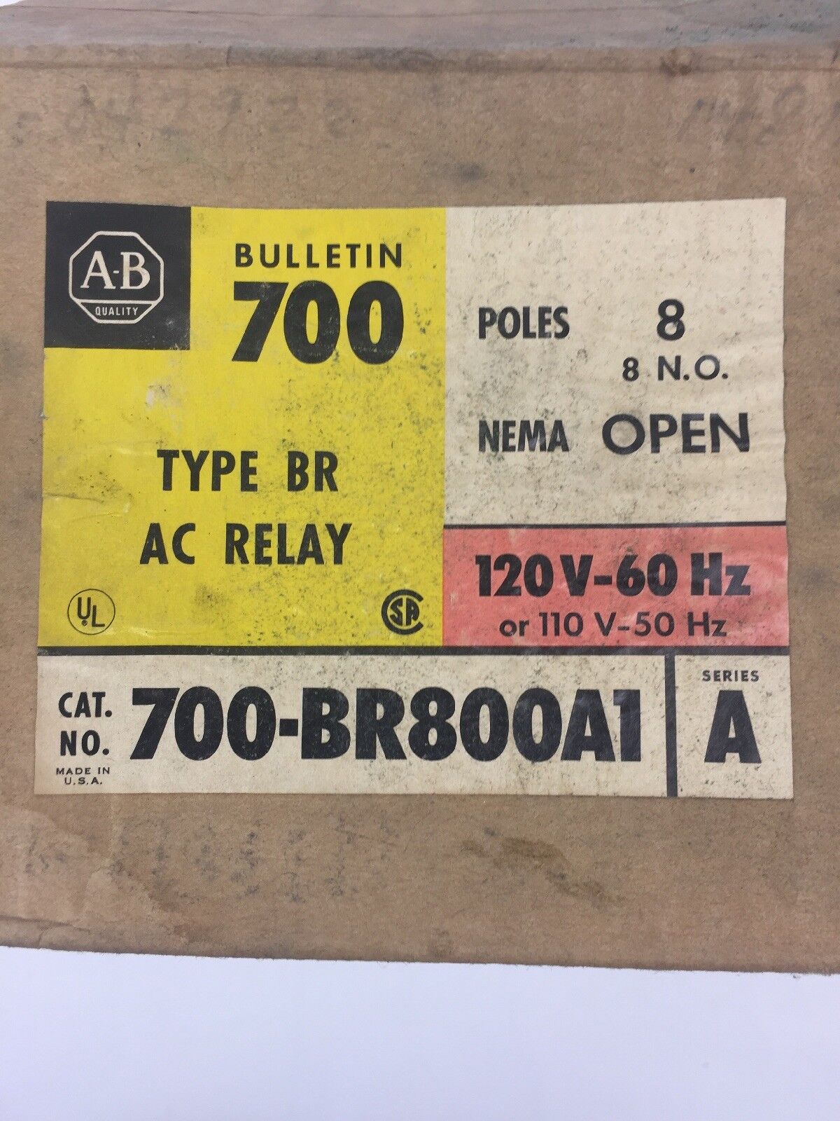 ALLEN BRADLEY 700-BR800A1 AC RELAY TYPE BR 8 POLE 8 N.O. 120V 60HZ 110V 50HZ