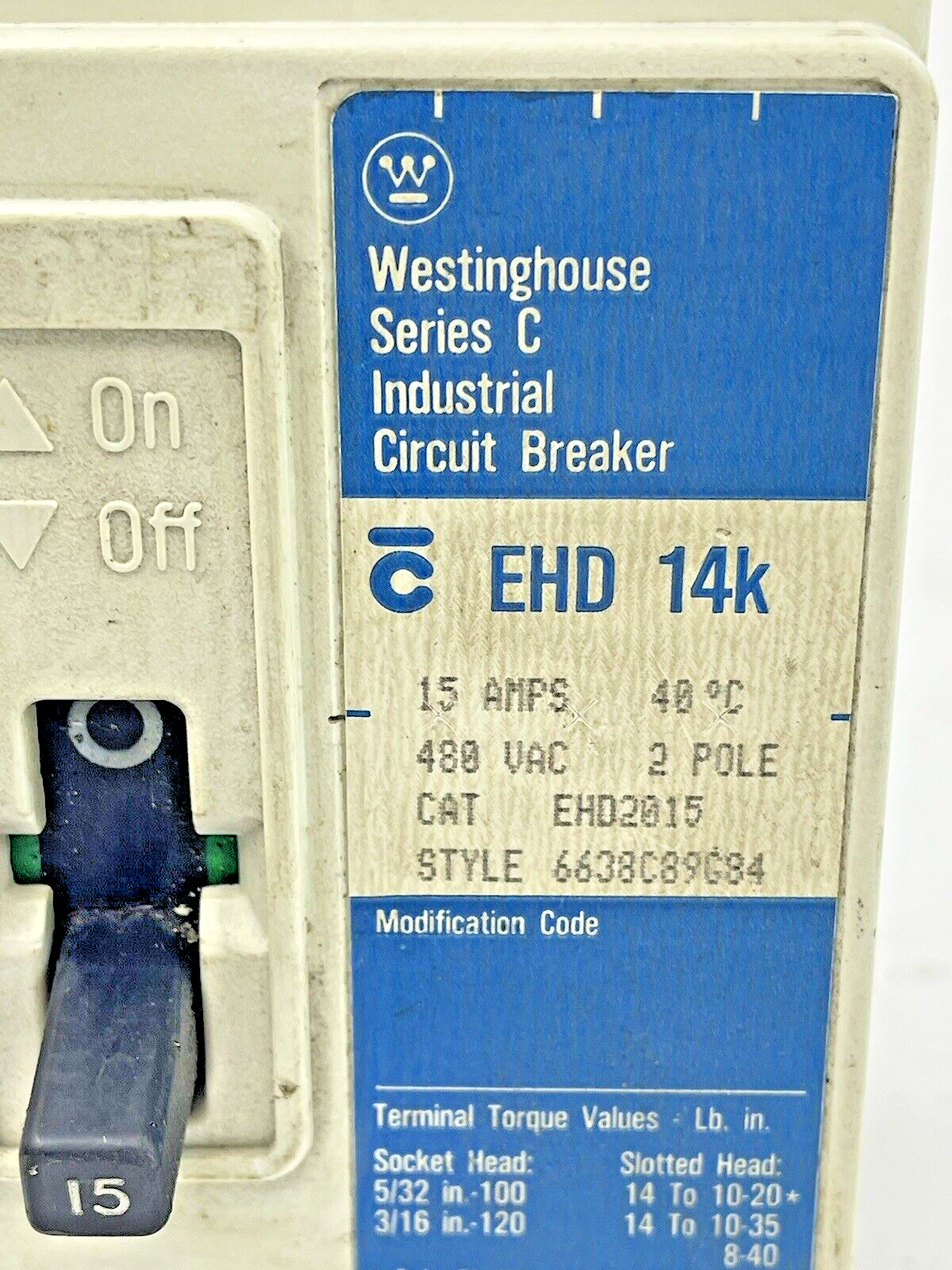 CUTLER HAMMER - WESTINGHOUSE - EHD2015 - CIRCUIT BREAKER - 15A/2 POLE/480 VAC