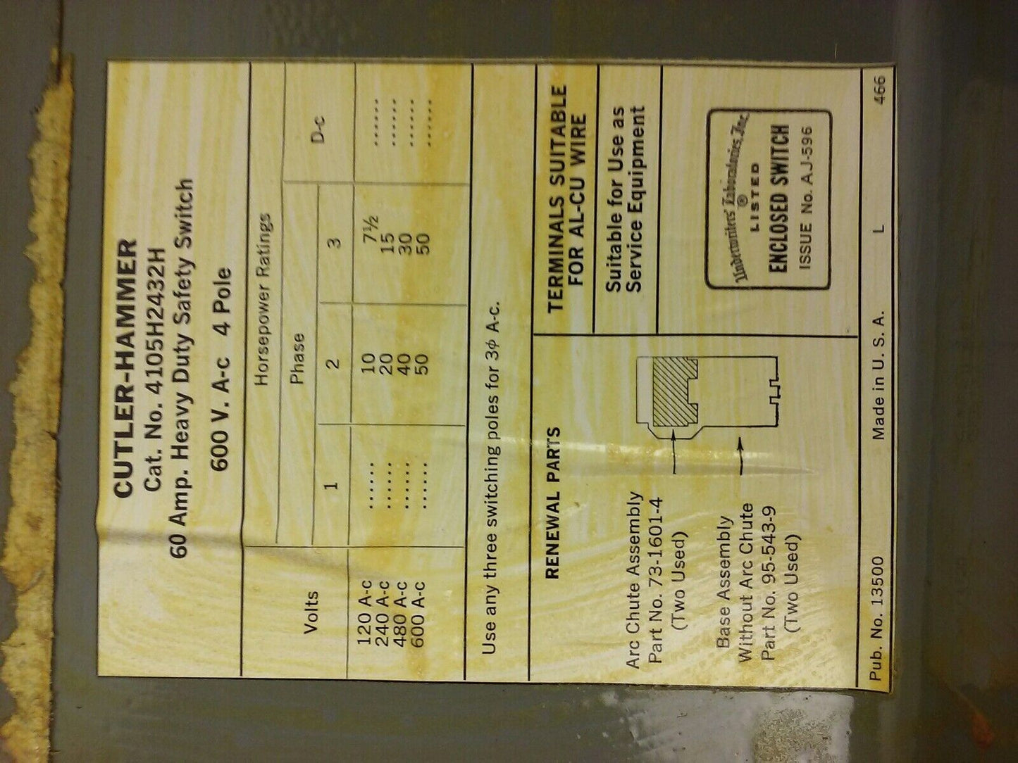 CUTLER HAMMER 4105H2432H, H.D. SAFETY SWITCH, 60A, 600VAC, 4 POLE, MAX H.P. 50