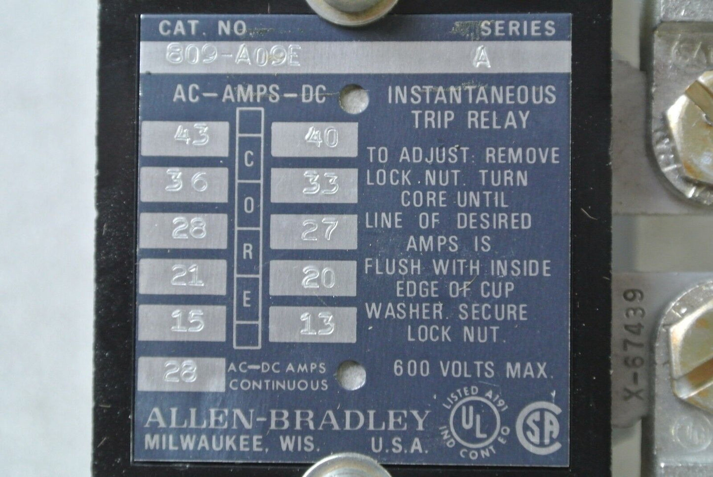 ALLEN-BRADLEY 809-A09E INSTANTANEOUS TRIP CURRENT RELAY 600V 28A AC/DC