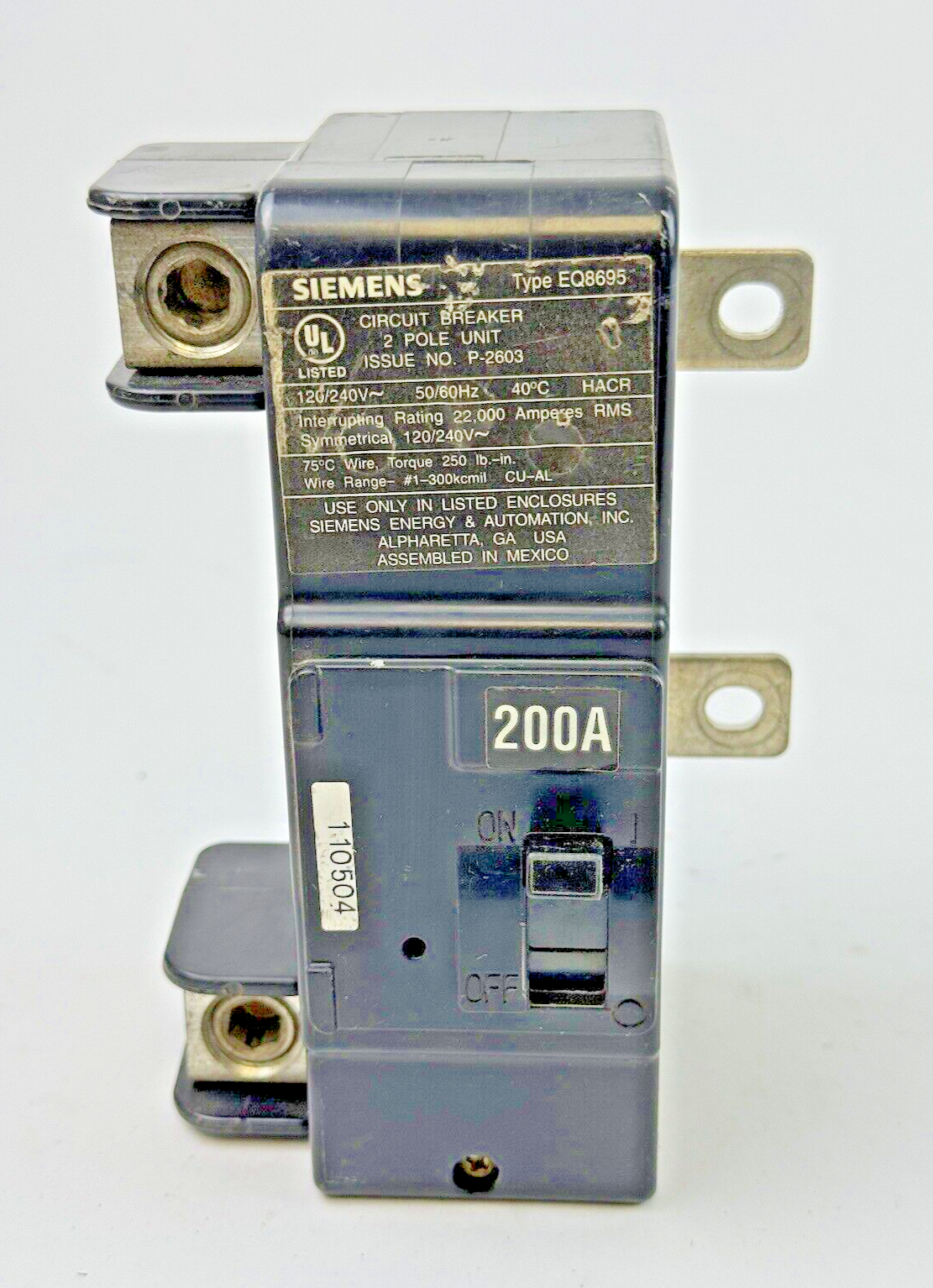 SIEMENS - EQ8695 - MAIN CIRCUIT BREAKER - 200 A/2 POLE/240 VAC