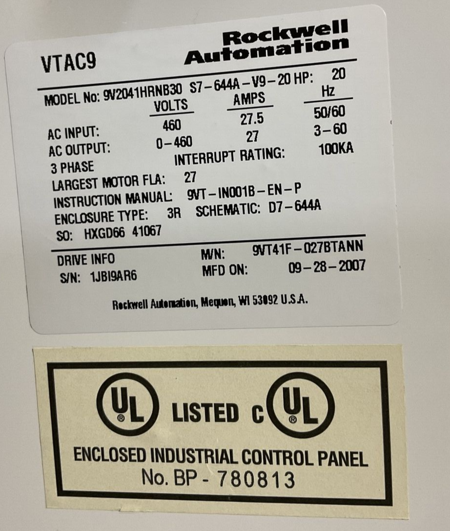 ROCKWELL AUTOMATION VTAC 9 HVAC 9V2041HRNB30 S7-644A-V9-20 TYPE 3R 20HP 460VAC