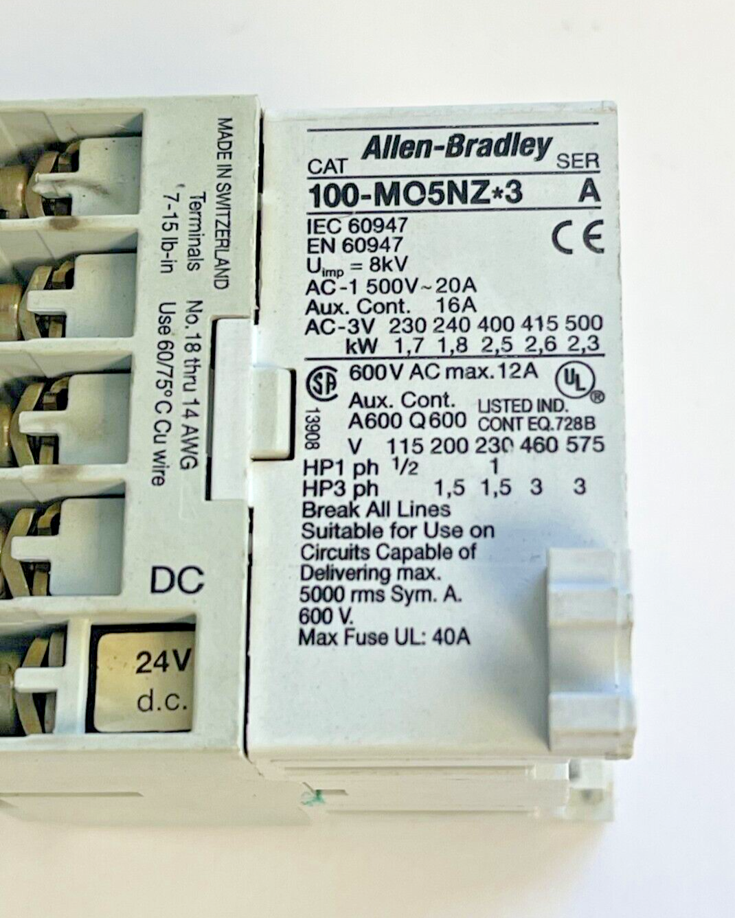 ALLEN BRADLEY - 100-MO5NZ*3 SER. A 24VDC COIL MOTOR STARTER CONTACTOR
