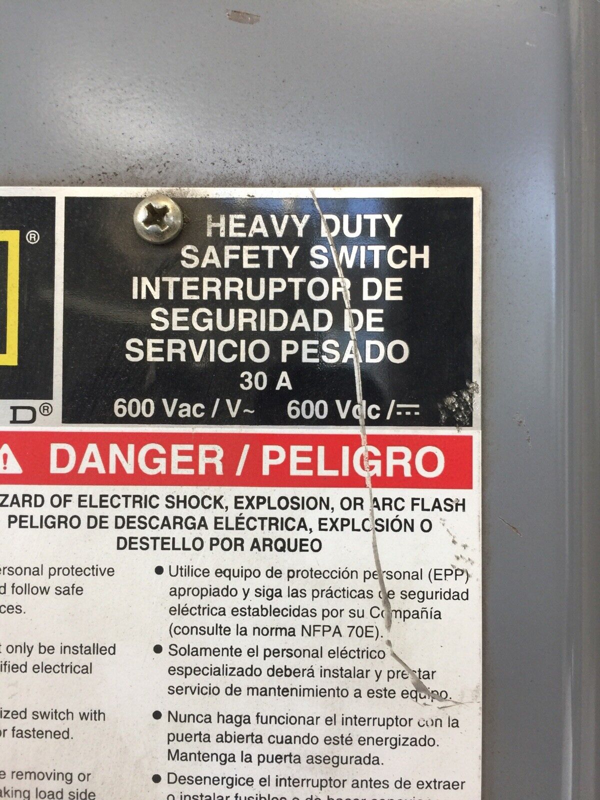 SQUARE D HU361EI NON FUSIBLE SAFETY SWITCH 30AMP 600VAC 600VDC SERIES F05 TYPE 1