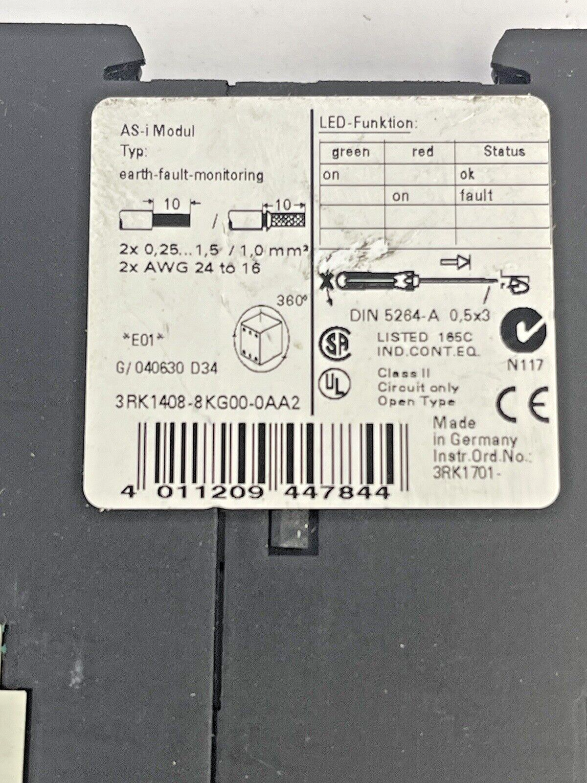 SIEMENS - 3RK1408-8KG00-0AA2 - AS-i GROUND FAULT MODULE IP20 S22.5 -Relay (24V)