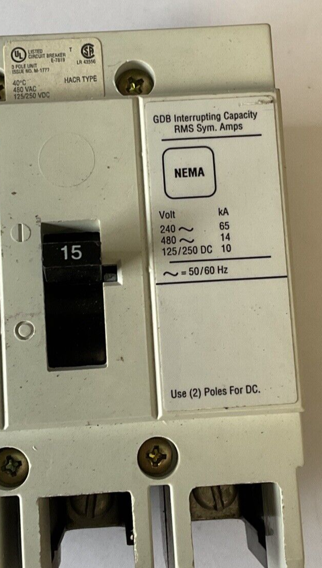 WESTINGHOUSE GDB 14K CIRCUIT BREAKER 15A 480VAC 3POLE 50/60HZ GDB3015