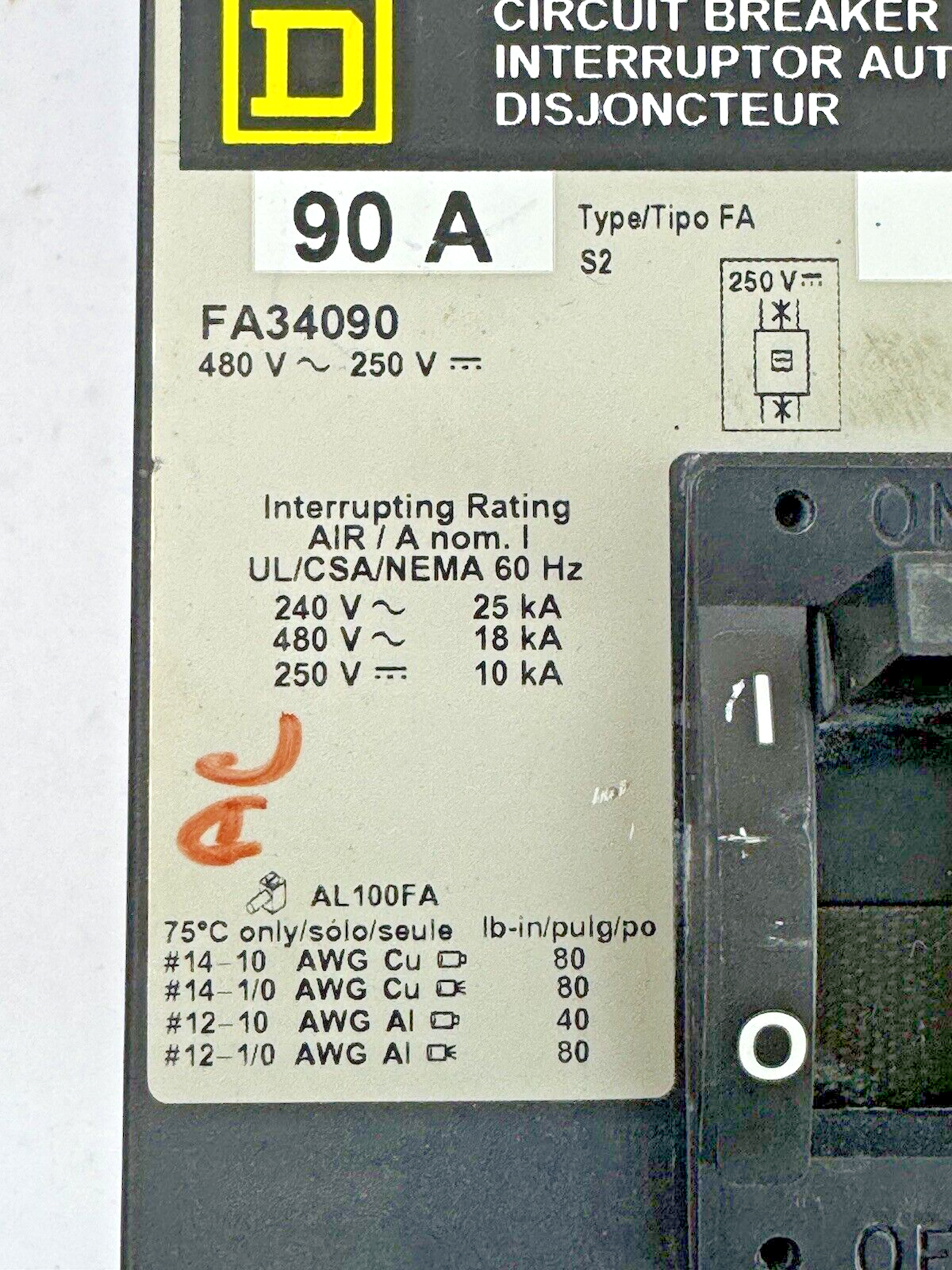SQUARE D - FA34090 - I-LINE CIRCUIT BREAKER - 90A/3 POLE/480VAC - FA34090