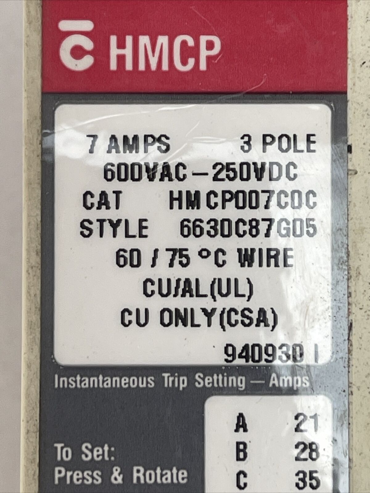 WESTINGHOUSE HMCP007C0C SER C 7A 600VAC 250VDC 3POLE ELC3007R CURRENT LIMITER 7A