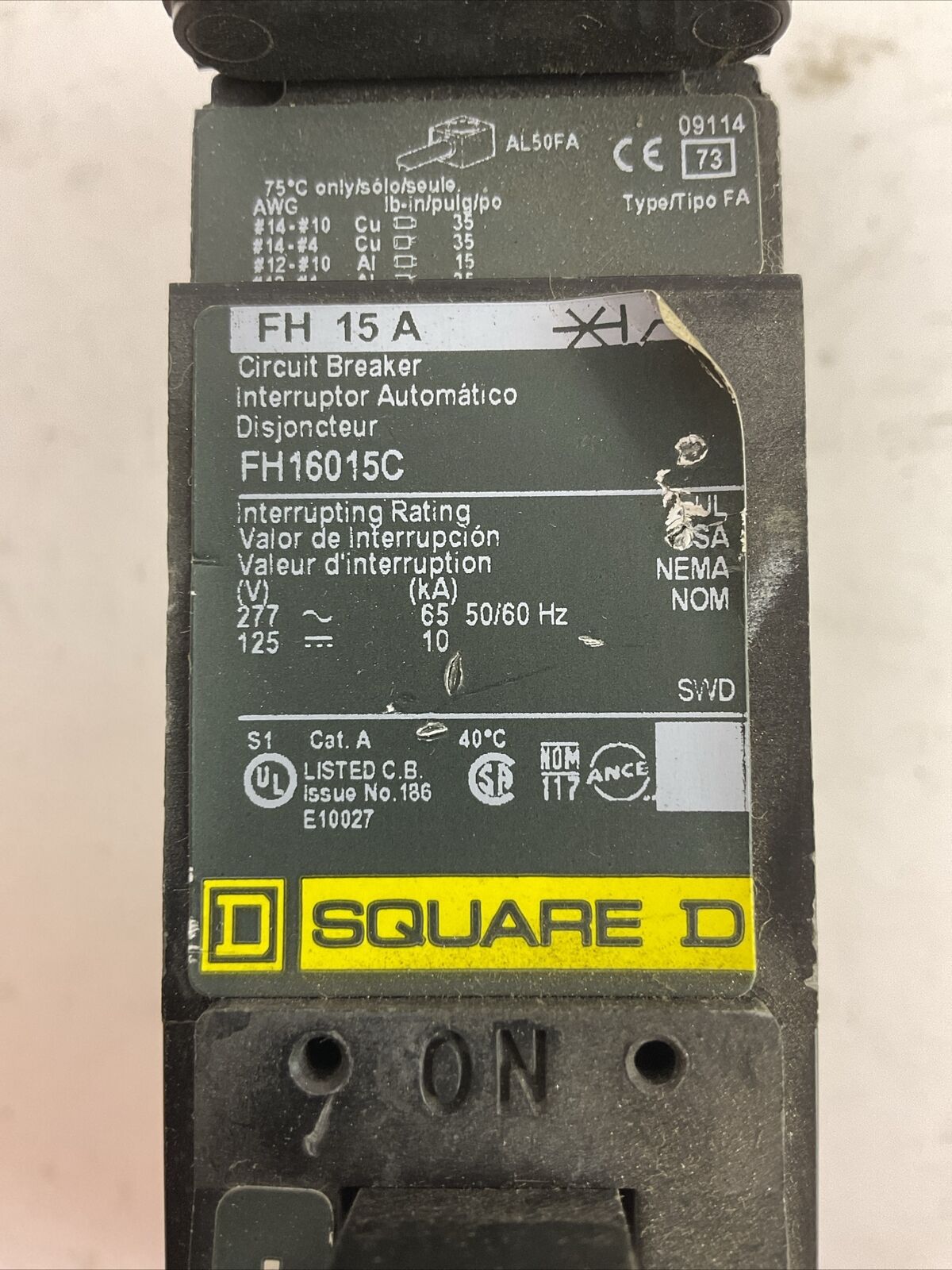 SQUARE D FH16015C 277VAC 125VDC 15AMP 1POLE CIRCUIT BREAKER