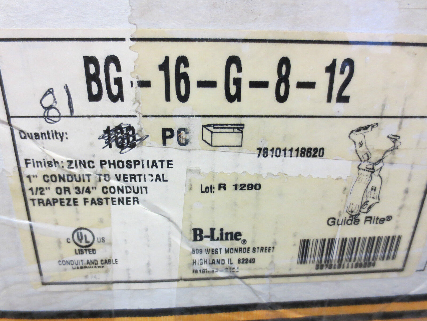 COOPER B-LINE BG-16-G-8-12 CONDUIT TRAPEZE FASTENERS NEW LOT of approx. 80