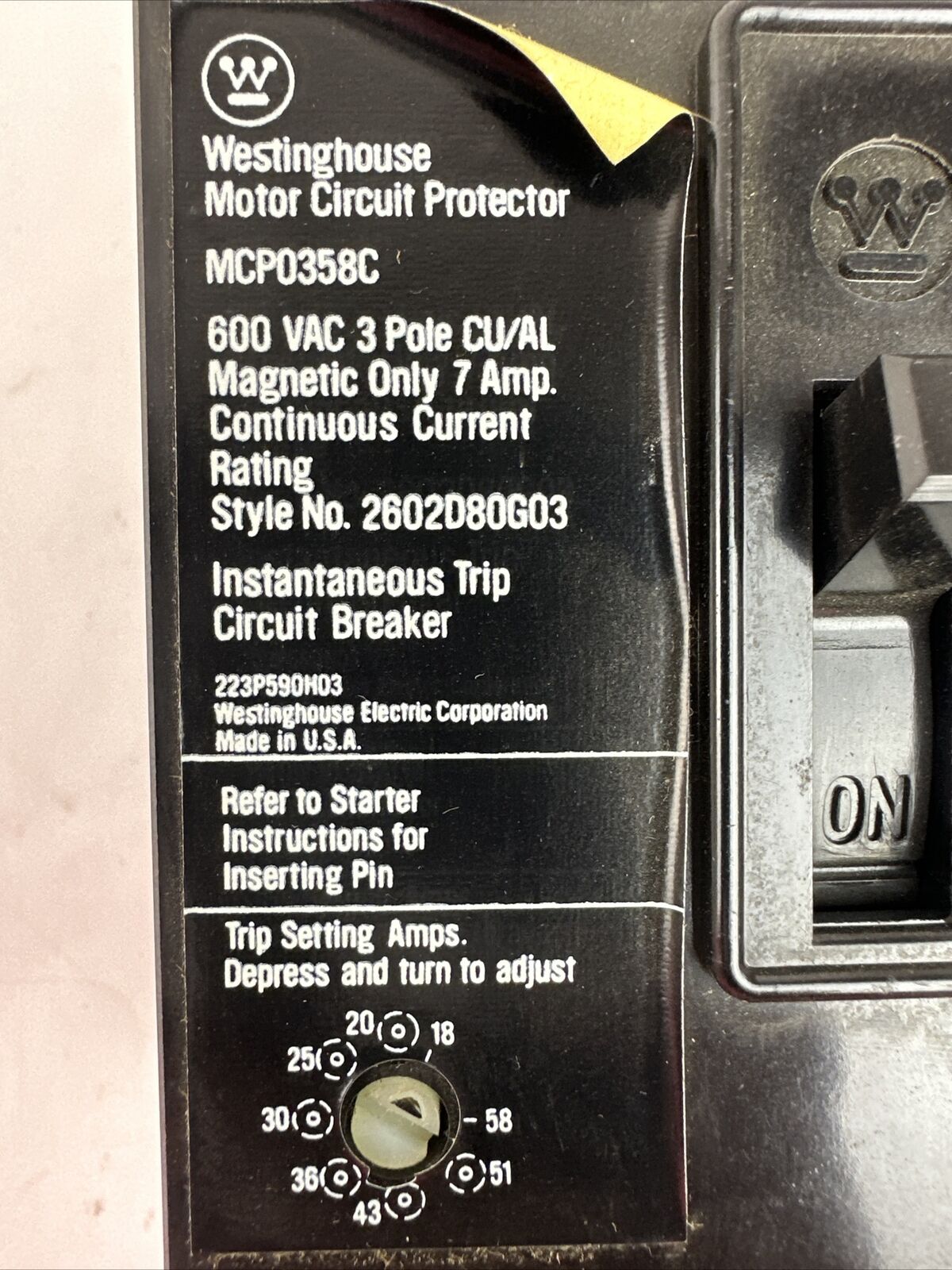 WESTINGHOUSE MCP0358C MOTOR CIRCUIT PROTECTOR 3P 7A 600VAC TRIP RANGE 18-58