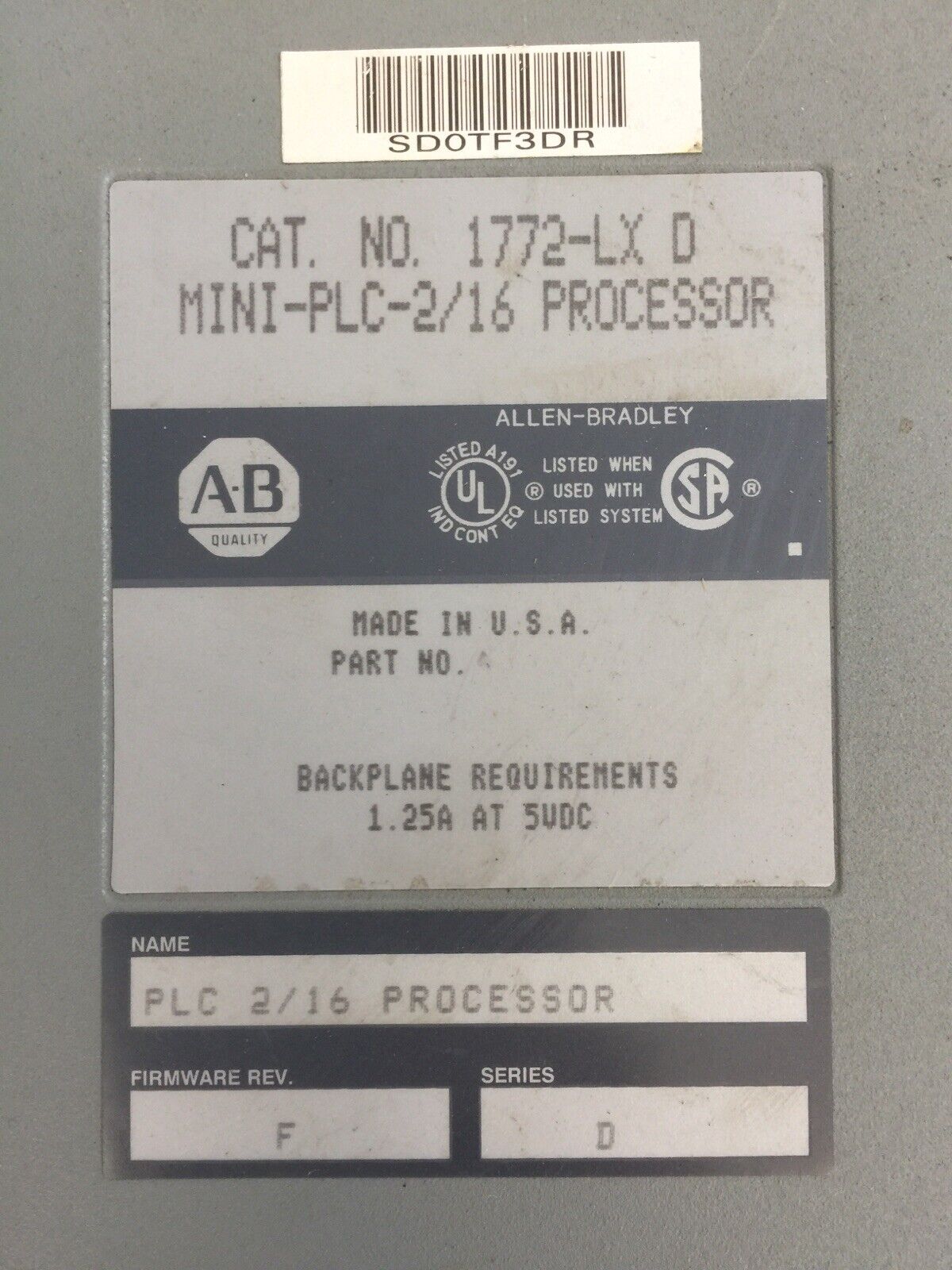ALLEN BRADLEY 1772-LX D MINI-PLC-2/16 PROCESSOR 1.25A 5VDC SER D FIRMWARE REV F