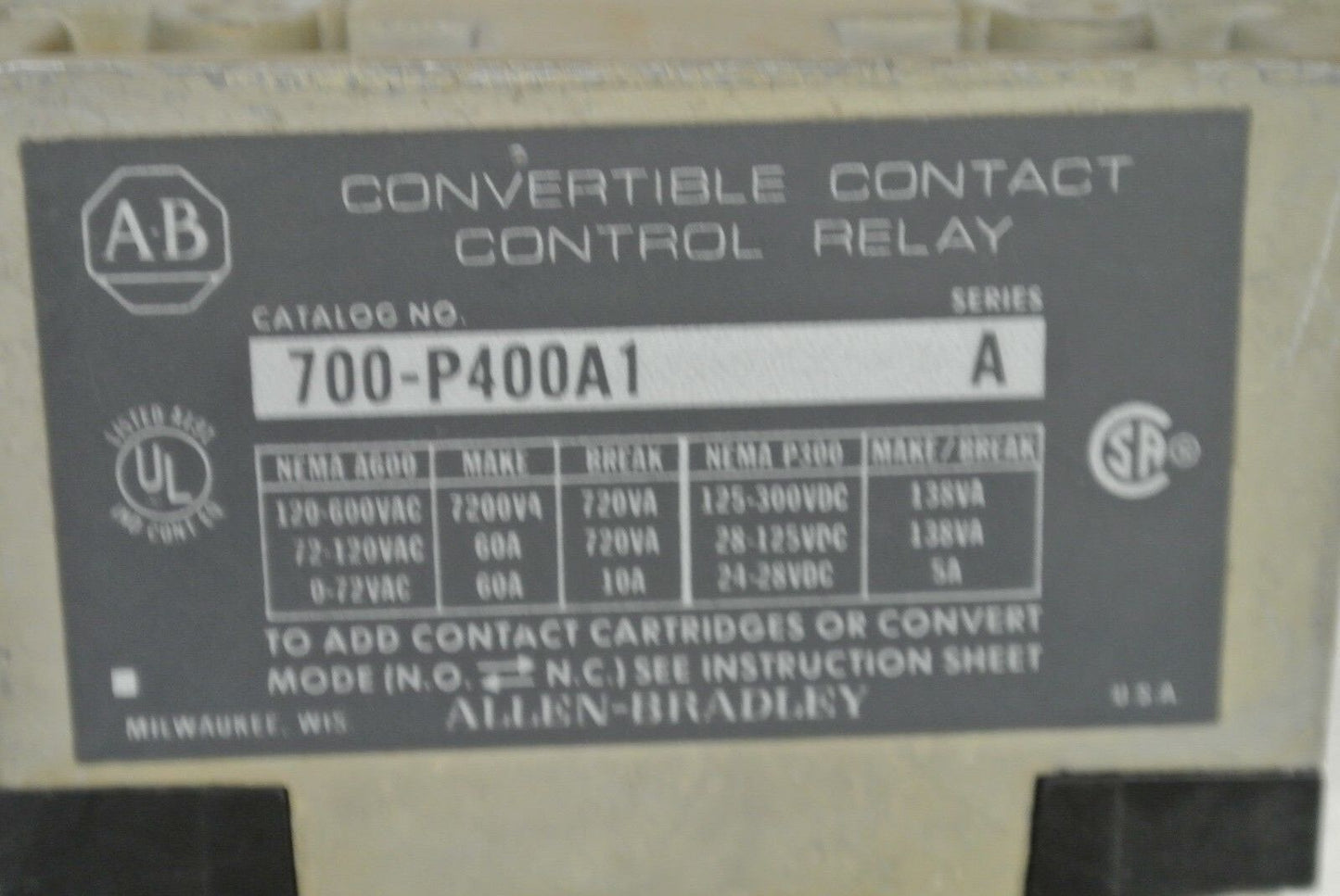 ALLEN-BRADLEY 700-P400A1 Ser. A - AC CONVERTIBLE CONTACT CONTROL RELAY /