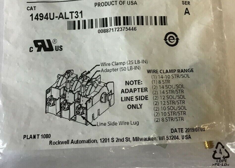 ALLEN BRADLEY 1494U-ALT31 TERMINAL LUG ADAPTER KIT SER.A 30,60,100AMP