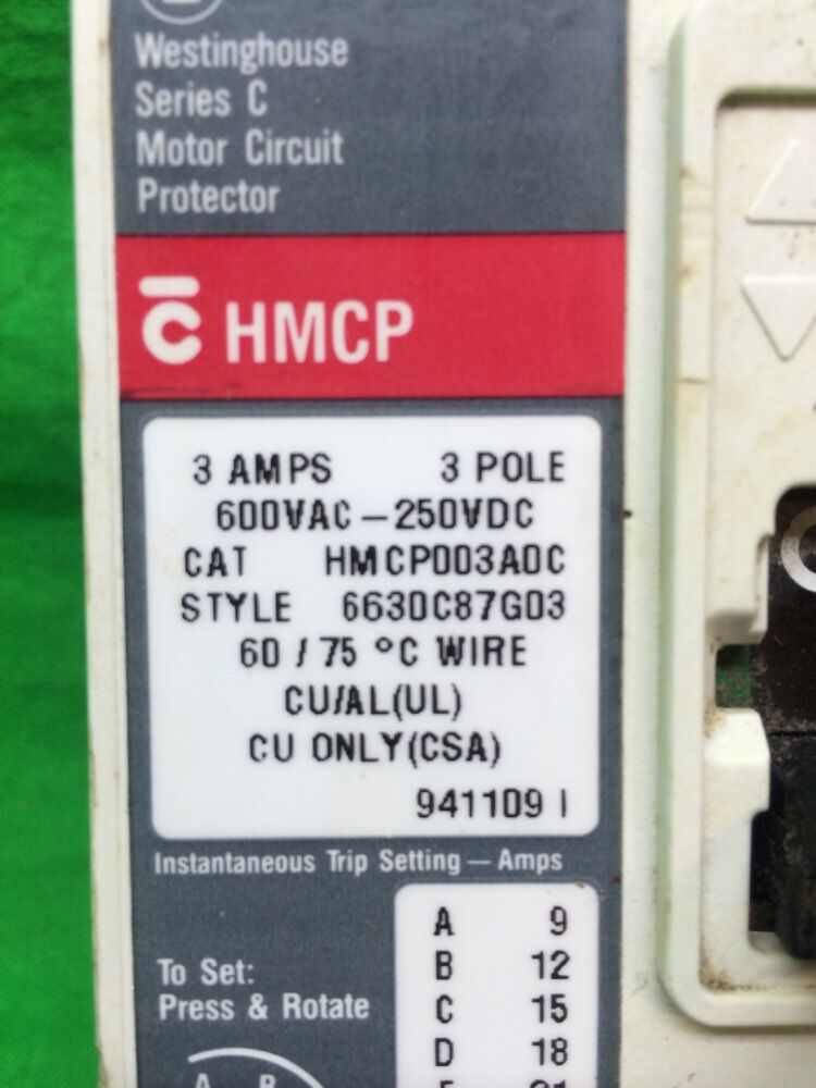WESTINGHOUSE HMCP003A0C 3 AMP BREAKER 3POLE